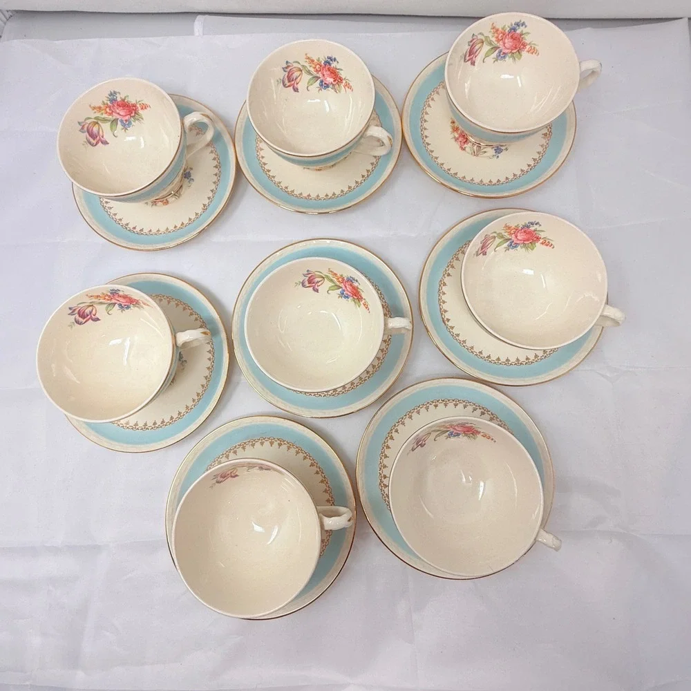 Homer Laughlin Eggshell Georgian Tea Cups and Saucers Floral Blue Gold